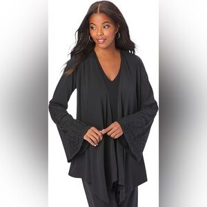 Roaman's Black Lace Bell Sleeve Open Front Cardigan